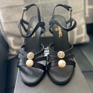 Chanel heeled sandal with ankle strap and pearl/ stone detail